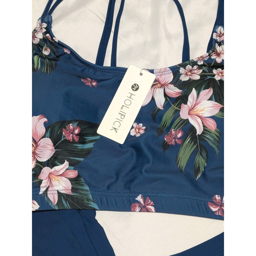 Holipick 3 PC Swimsuit Blue Tropical Floral NWT Women's M Tank Boy Shorts Top - Picture 2 of 8